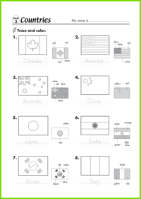 Countries Trace and Color Worksheet